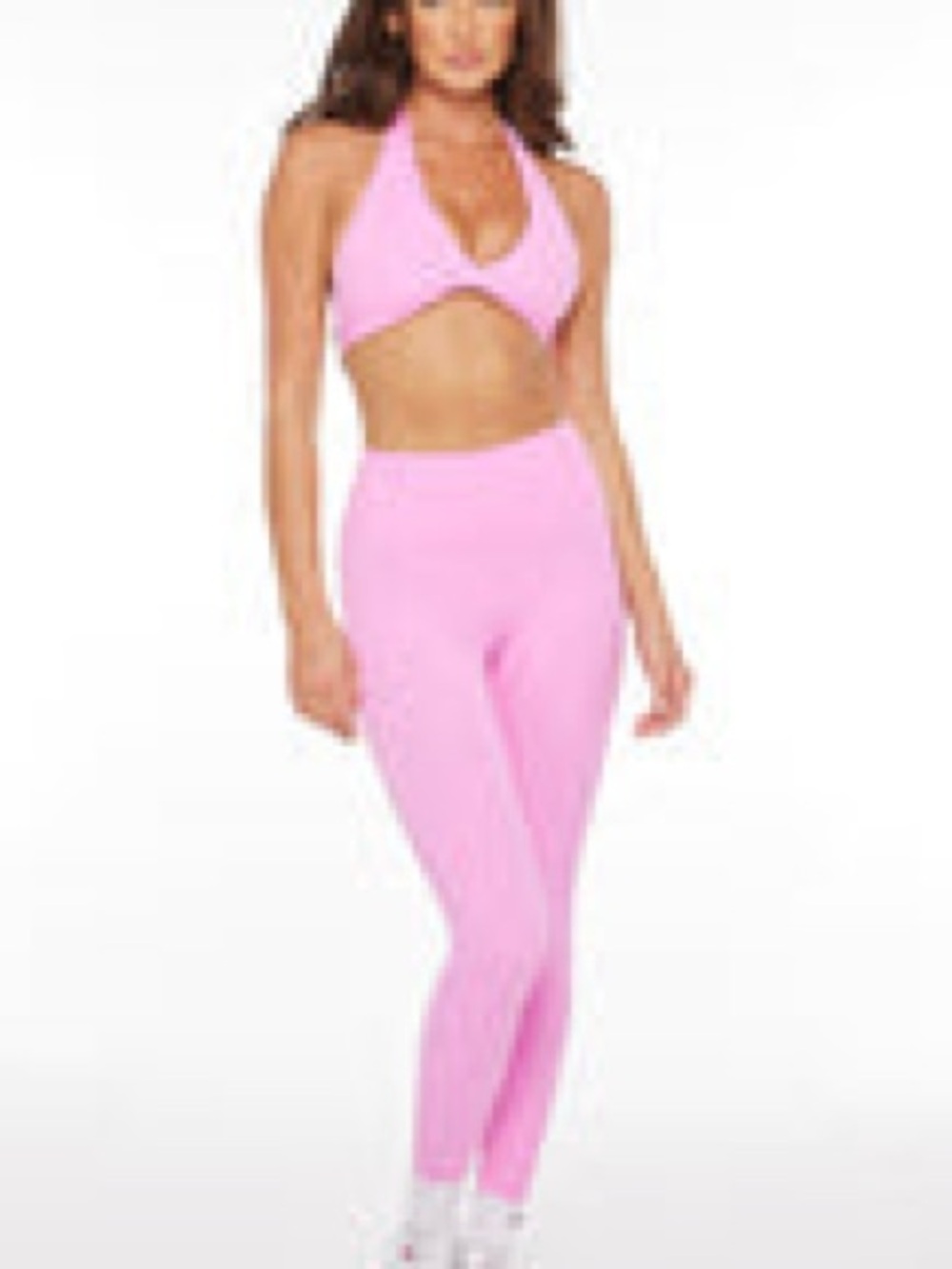 Women’s Pink High-Waist Leggings and Halter Sports Bra Set - Picture 2 of 5